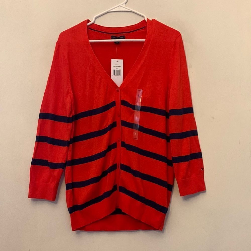 Tommy Hilfiger orange red blue striped cardigan Size L NWT